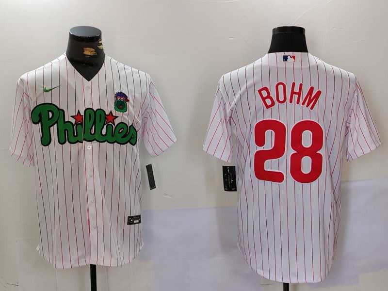 Mens Philadelphia Phillies #28 Alec Bohm White Green Cool Base Stitched Jersey